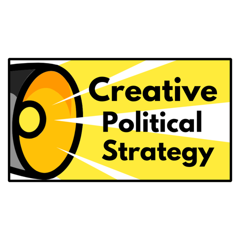 Creative Political Strategy logo - a yellow and gray speaker blaring the words Creative Political Strategy