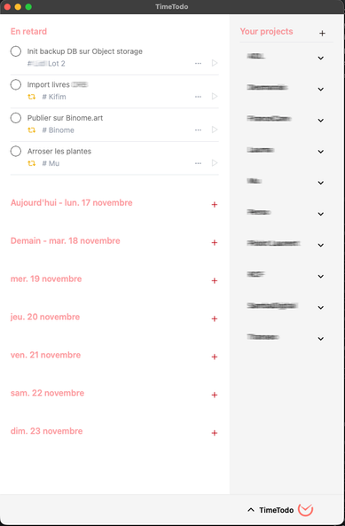 Catpure d'écran de l'application TimeTodo.
On voit des tâches à faire dans la catégorie en retard. Les jours à venir n'ont pas de tâches indiquées. Sur la colonne de droite, on voit une liste de projets (les noms sont floutés)