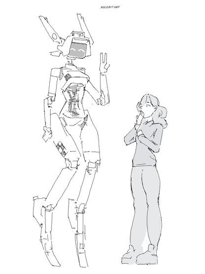 my drawing of an unnamed girl reacting to seeing my robot oc caroline