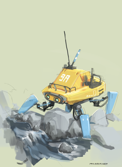 my drawing of a quadrupedal robot exploring a small stream (my original design)