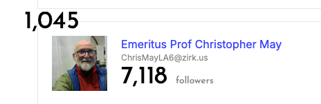 Screen shot from Mastodon Most Followed showing me at 1,045 with 7,118 followers 