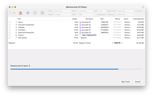 Screenshot of a CD ripping software showing a CD track list and progress indicator.