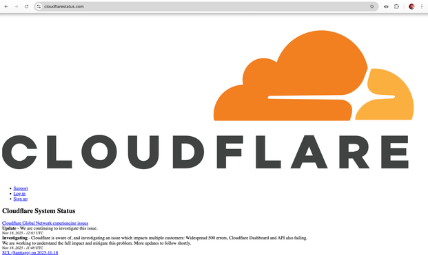 screenshot of cloudflare status page with tiny text in browser-default styling and a massively oversized logo 