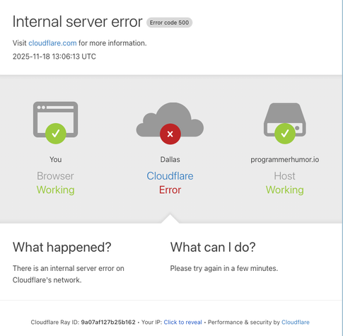 The image displays an internal server error message (Error code 500) from Cloudflare. It shows a connection status with icons indicating "You," "Cloudflare," and "Host," along with an explanation of the error and a suggestion to try again later. The background is light, and the text is clearly displayed.