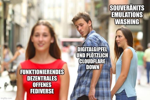 A humorous image featuring a man turning his head to look at another woman while ignoring his girlfriend, with text overlay commenting on digital topics and trends. The scene captures feelings of distraction and comparison in a lighthearted way.