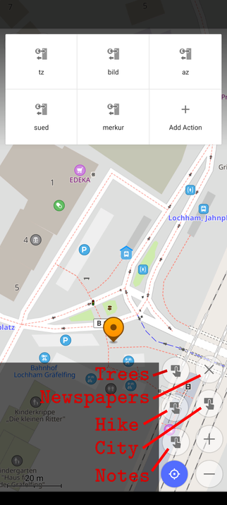 Quick Action tray open within OsmAnd with various German newspaper brands. 

On the bottom right are 5 Quick Action buttons: Trees, Newspapers, Hike, City, Notes