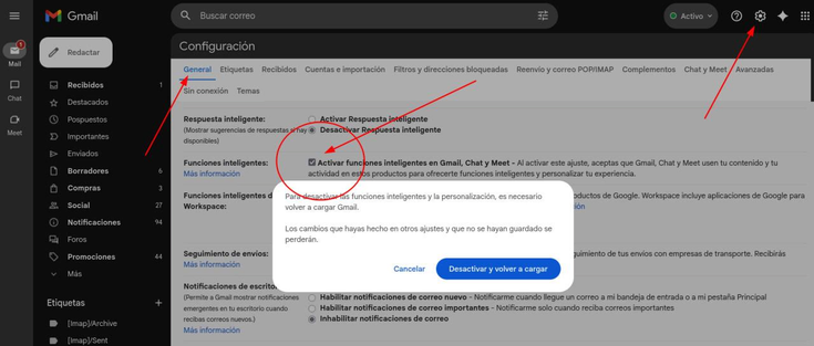 Instrucciones en texto:
En la web de gmail, icono de engranaje (⚙), luego "General", en la sección de Funciones Inteligentes desmarcar "Activar funciones inteligentes en Gmail, Chat y Meet".