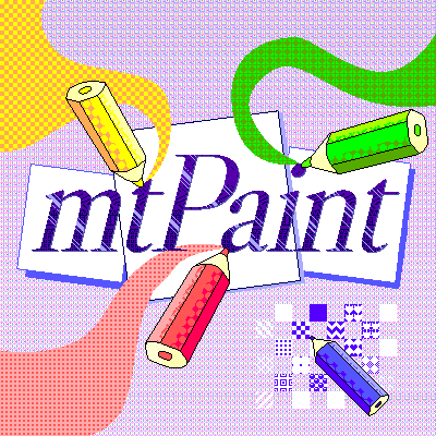 mtPaint is written in an italic old style serif font Libre Caslon with a purple metalic text effect. It is in front of three square rotated pieces of paper. Three pencils, yellow, green, and red draw waves of dithering patterns arcing off the canvas. At the bottom right a purple pencil draws block dither patterns in white and violet with a variety of patterns.