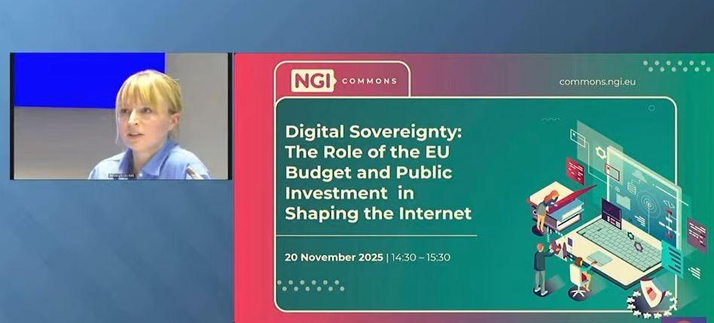 Zuzanna Warso speaking at NGI policy summit 
Slide showing the title of panel: #digitalsovereignty the role of the EU budget and public investment in shaping the internet