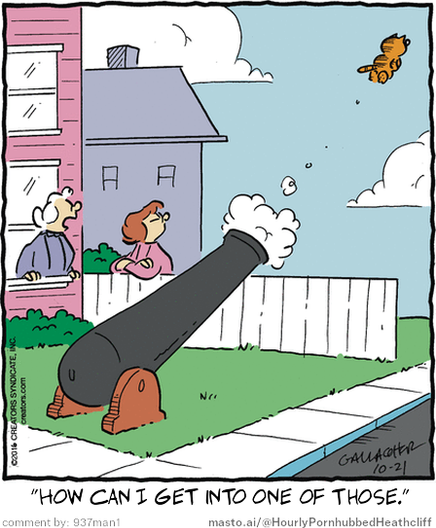 Original Heathcliff comic from October 21, 2016
New caption: "How can I get into one of those."
Comment by: 937man1

In the image, there is a cartoon of a cannon with an orange and white ball on the top. A woman and a man are standing next to the cannon. The woman is wearing a pink dress, and the man is wearing a white shirt and a blue hat. They are both looking at the cannon and the ball. There is a house in the background. The text in the image reads, "How can I get into one of those?"