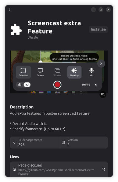 Capture d'écran de la fenêtre de l'application Extensions dans Gnome, en thème sombre, montrant l'extension Screencast Extra Feature installée, avec quelques informations complémentaires comme le nombre de téléchargements actuels (296). 