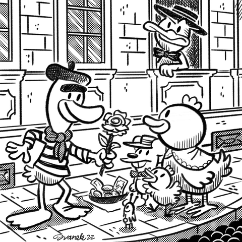 Cartoon of a duck street artist offering a flower to a little chicken, while his mom amusingly watches. There's also a mouse, another duck and a little bug