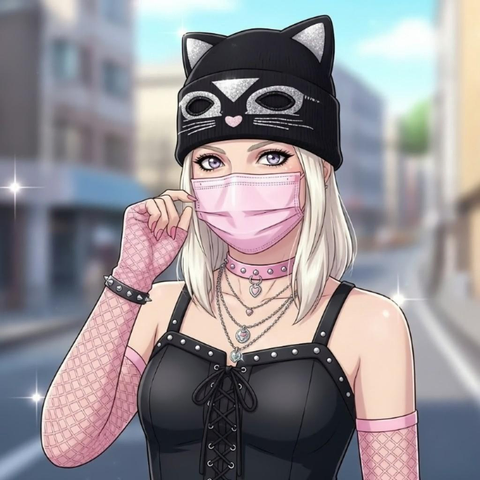 Photo 1: Alice in a black kitty beanie and pink surgical mask, wearing pink fishnet long-gloves, with a tight black studded dress that laces up the front. The actual dress is a zip-up with ties down the breasts. It was unzipped in the original photo. It also added sparkles to the photo.