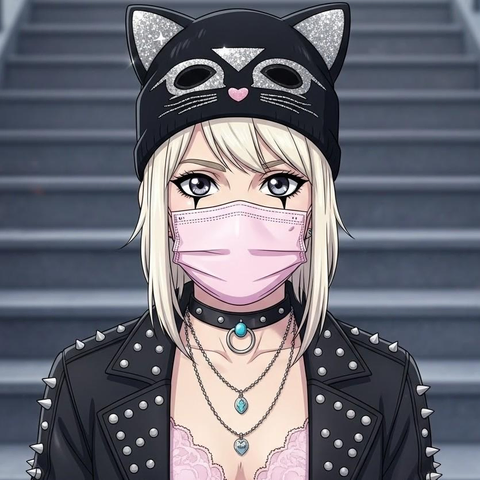 Photo 2: Alice in a black kitty beanie and pink surgical mask, wearing a black biker jacket with steel spikes, unzipped, with a lacy pink bra slightly showing. The actual top is a zip-up dress with ties down the breasts. It was open in the original photo, showing off a lacy pink bra.