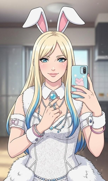 Photo 3: Alice in a white bunny-like dress with fur accents and pearl accessories. In reality, Alice was wearing a see-through white fishnet dress, with a fur-lined lace cloak, and a white string bikini underneath.