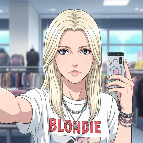 Photo 4: Alice, in a pristine white Blondie t-shirt. In the original image, Alice's concert tee is ripped open, exposing cleavage.