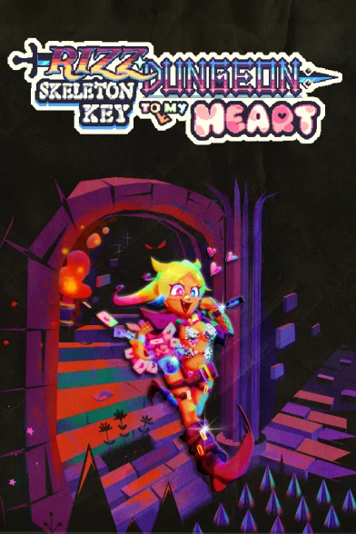Box art for Rizz Dungeon: Skeleton Key to My Heart, featuring Taffy, a transfem, running into a dungeon straight into a spike pit. She is dropping love letters from her pouch.
