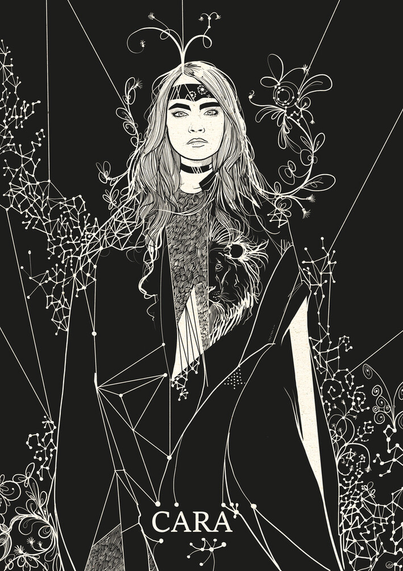 portrait of Cara Delevingne. Many abstract shapes and lines. A lion is seen on her top as she is a leo. 