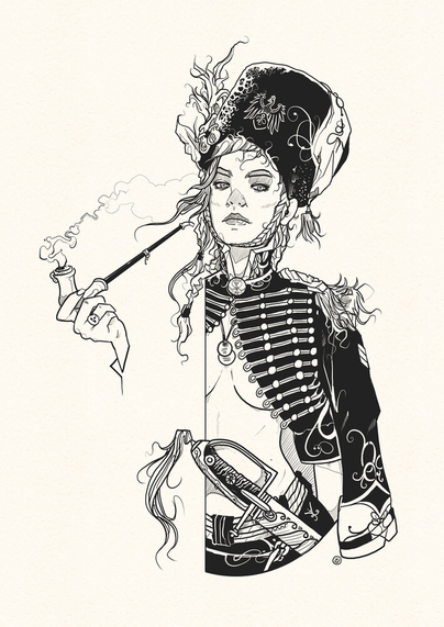 Female hussar smoking a pipe. 