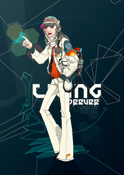 scifi image of a girl touching a touch screen. Text reads live forever behind her. 