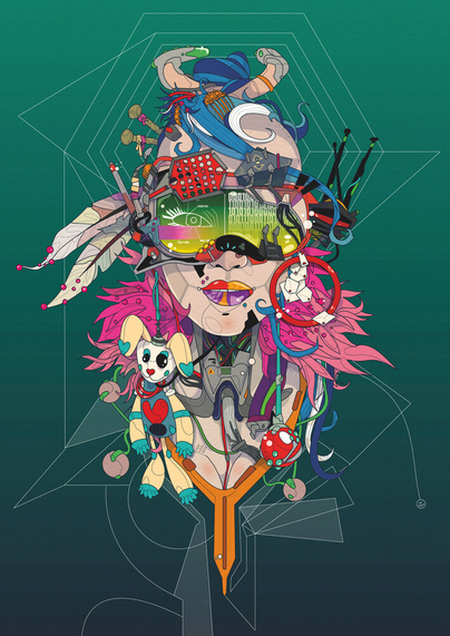 Image of a cyberpunk character. Various details like feathers, cuddly toy as an earring etc. 