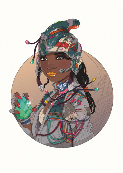 Image of a sci fi girl holding a crystal. She is wearing a helemt and has lots of wires coming from her jacket. 