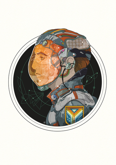 Sci fi image of a man with a vizoe with readouts on it. 