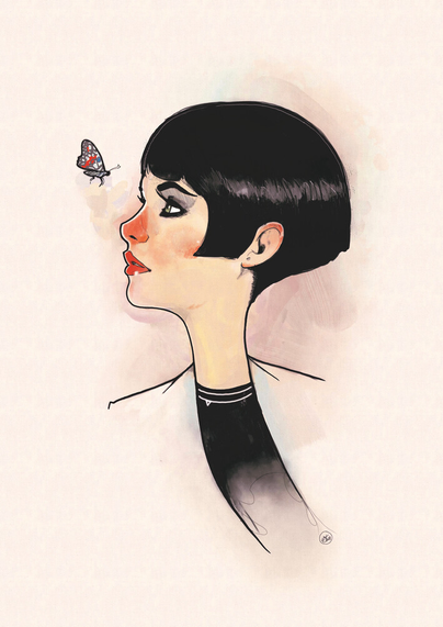 stylised portrait plus butterfly.