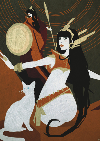 Fantasy scene made out of bold shapes. Two girls and a cat. The girl in the background has a shield and a spear