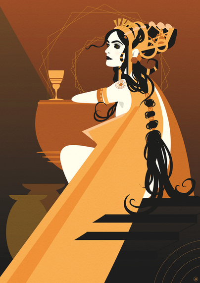 Girl made from bold shapes based on an antiquity theme. She has a cup etc