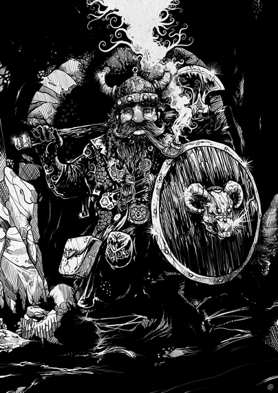 Drawing of a dwarf standing with his axe and shield. He has a smoking pipe in his mouth. 