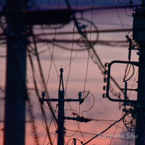 夕焼けを背景にした、電柱と電線が複雑に絡み合うシルエット。空の色は紫とピンク。