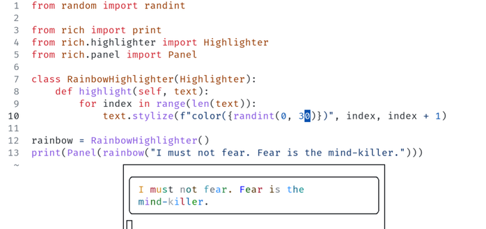 Using Python rich, rainbow printing the litany against fear.