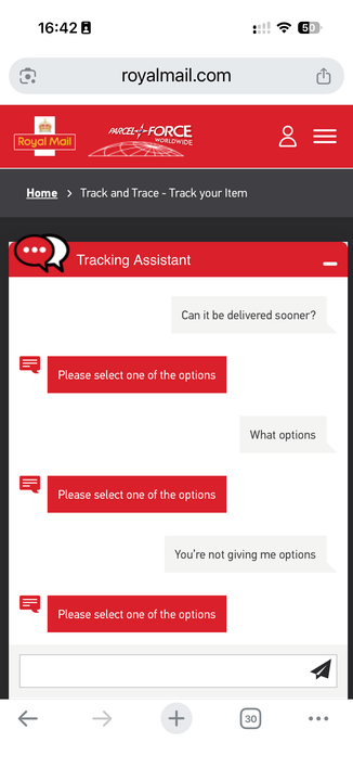 A royal mail chatbot chat in which every query is met with "please select one of the options" but the options are never enumerated.
