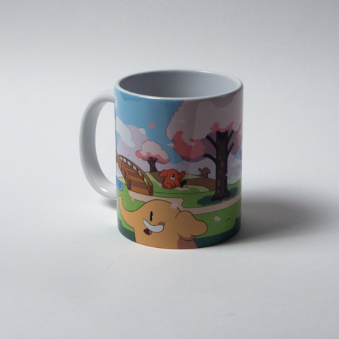 A ceramic mug with a comfortable handle, featuring a spring-themed cherry blossoms design with many cute Mastodons.