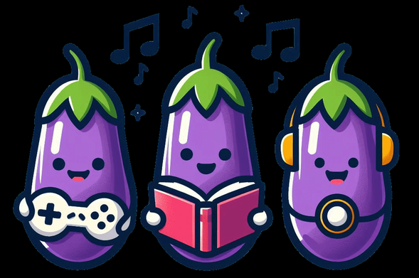logo da Eggplant.Place, três berinjelas desenhadas no estilo cartunesco, uma com um controle de videogame, outra com um livro e a última com fones de ouvido