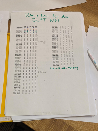 A sheet that has five checkboxes per day. Around 90% have a cross or a dot in it.
