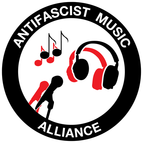 Circular logo for Antifascist Music Alliance, featuring musical notes, a microphone, and headphones in red and black, with text "Antifascist Music Alliance" encircling the image.