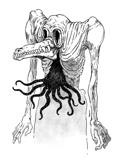 Drawing of a monstruous creature withm hollow eyes, a bone jaw and shadow tentacles emerging from its chest
