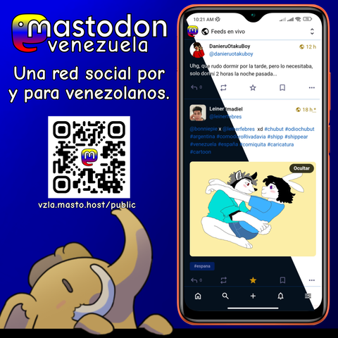Imagen de un teléfono móvil que muestra la interfaz de Mastodon Venezuela, con un fondo en tonos azules y el texto "Mastodon Venezuela: Una red social por y para venezolanos." Incluye un código QR para registrarse y un perfil de usuario.