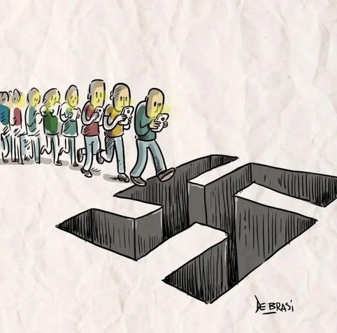 Drawn young people, who due to their addiction to digital media and starring on their mobile phones, do not become aware of their surroundings  and fall like the lemmings into the "Nazi trap" (presented by a swastika shaped abyss on their way) .