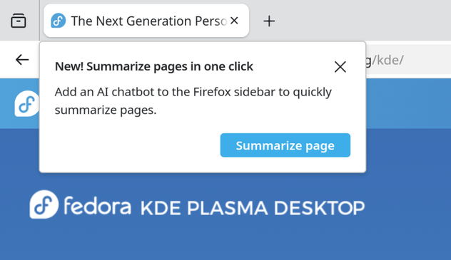 Browser window showing a Fedora KDE Plasma Desktop webpage with a popup offering a “Summarize page” AI chatbot for the Firefox sidebar.