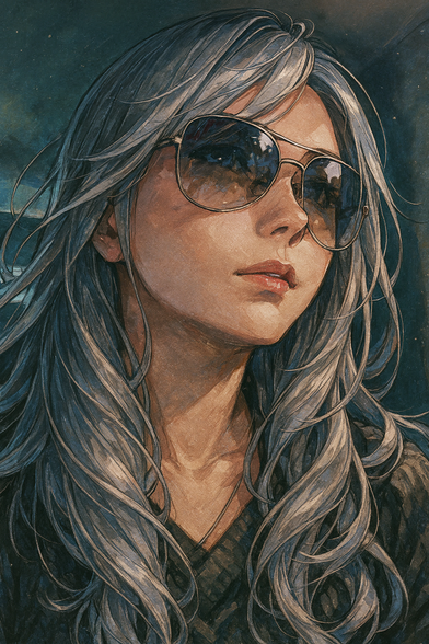 サングラスをかけた長いシルバーヘアの人物を描いた、質感豊かなイラストポートレート。柔らかな光が顔の輪郭や髪の流れを際立たせ、落ち着いた表情で遠くを見つめている。写実的な筆致と繊細な色彩によって、髪の輝きや肌の質感が美しく表現されている。
