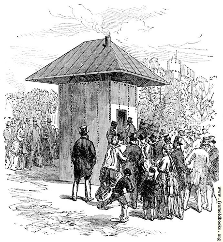 Here we see people lining up to experience the first underground railway in London. There seems to have been a single carriage, dvided into first and second class, and pulled by a steel wire connected to an outside steam engine.