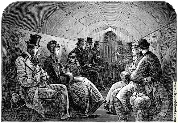 The inside of the carriage, with seated passengers, including a lady in a formal gown, men with top hats, a woman with a muffler to warm her hands, and a boy in school uniform with his bag and his phone. The carriage is lit by a single oil lamp, and seems much wider in this picture than it really was, since the tunnel itself was only six feet eight inches at its widest, and the carriage would have been quite a bit narrower in order to fit safely inside.