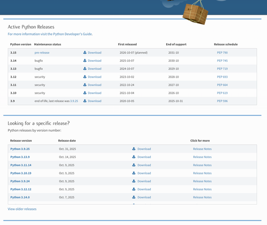 Table of active Python releases by x.y feature release. Columns are:

Python version
Maintenance status
First release
End of support
Release schedule

And now has download buttons.

Below, a table of releases by x.y.z version number. These have download buttons, but there's a lot to scroll through.