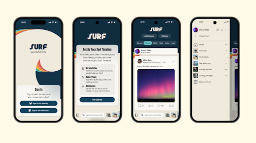 Four screenshots showing the Surf app's new Home experience.