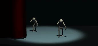 gif from a 'An Evening of Modern Dance', two capsule figures are dancing on a stage