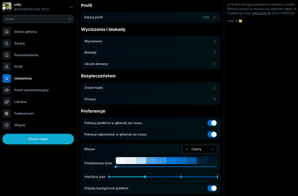 Ekran ustawień konta w pl-fe