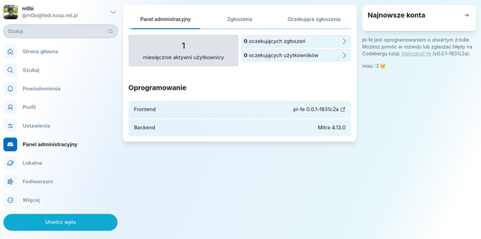Mini admin instancji w pl-fe. Jasna kolorystyka